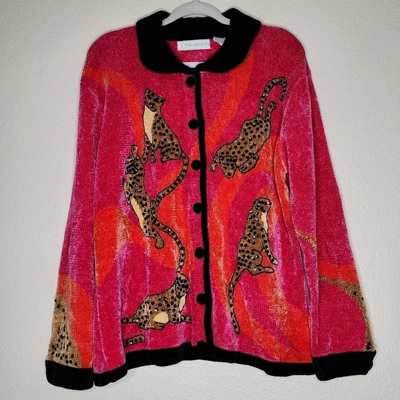 The Sweater Neon Pink & Orange Chetah Sequencing Cardigan Sweater XL - Picture 2 of 5